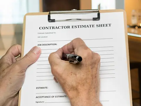 Two hands holding a clipboard with a blank form headed Contractor Estimate Sheet, one of them writing on it with a pen