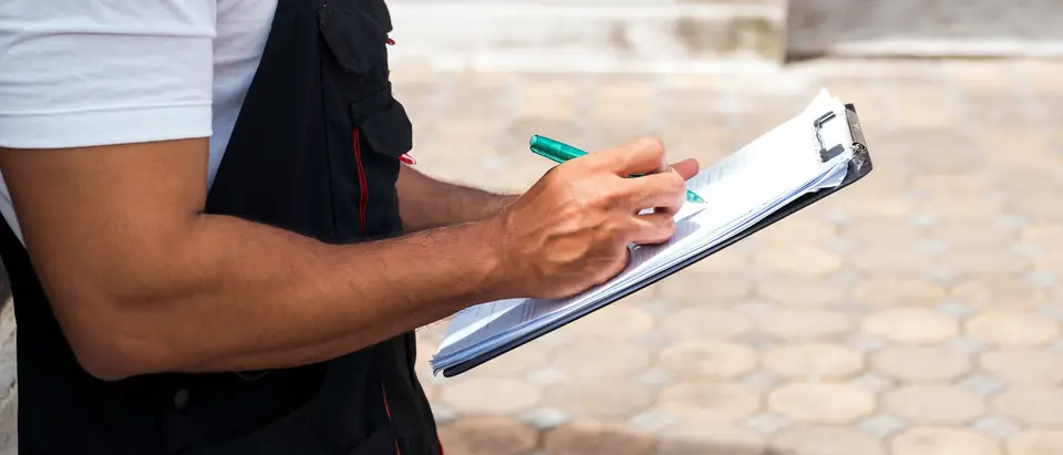 A person in black work overalls writing with a green pen on papers held on a clipboard, standing on a paved driveway